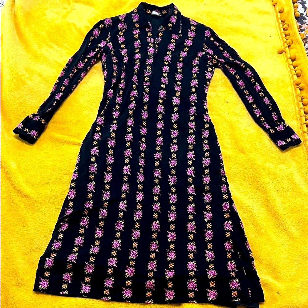 Vintage Celine Black and Pink Floral Long Sleeve Dress… with pockets!